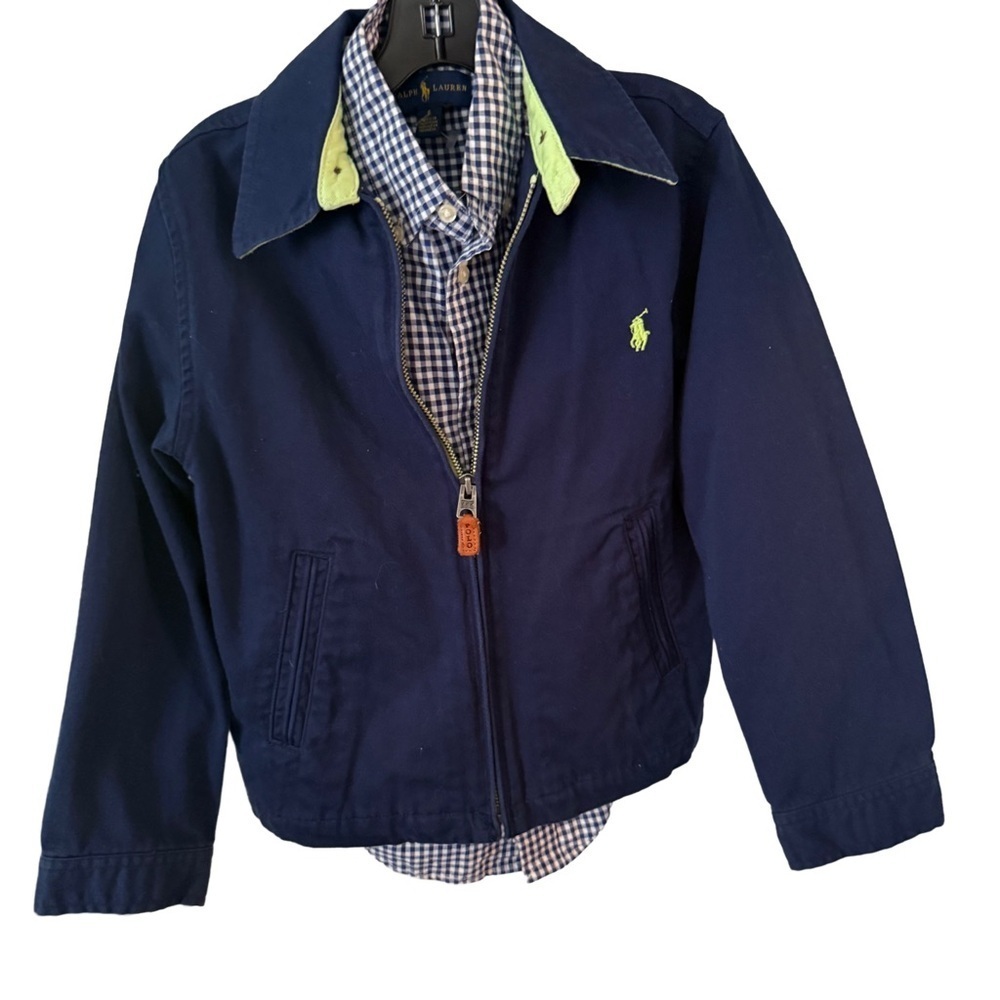 Ralph Lauren Boys Zip Up Blue Jacket & Blue Check Shirt Sz 6, 2 Pcs Set